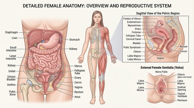 Detailed female anatomy chart showing reproductive system internal organs and medical labels