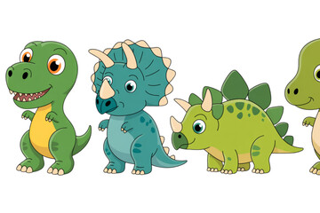 Naklejka premium A colorful illustration of four cartoon dinosaurs standing together on transparent background