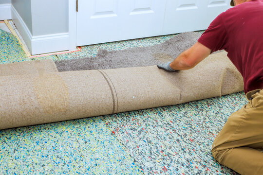 Contractor is unrolling carpet in room while preparing it for installation on floor.