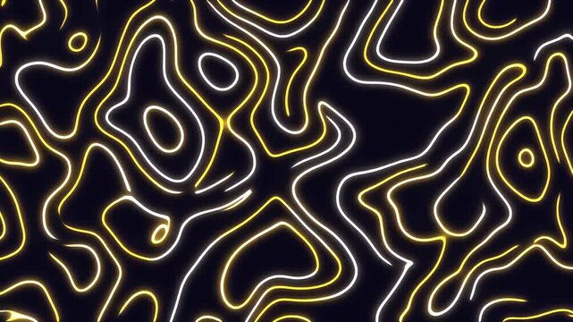 Topographic neon contours of lines. Motion. Colored neon lines slowly move along topographic contours. Topographic neon pattern on black background