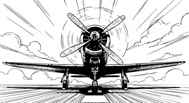A vintage propeller aircraft performing a powerful takeoff maneuver as a black and white vector graphic illustration.