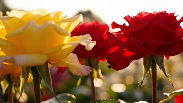 Golden hour close-up of yellow red roses in bloom, highlighting a velvety scarlet flower against creamy yellow petals, glowing backlight, shallow depth of field, and warm romantic garden mood