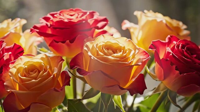 Radiant bouquet of yellow red roses with bi-color petals, featuring creamy centers tipped in red, velvety layered blossoms, luminous highlights, and luxurious floral texture in an intimate close-up