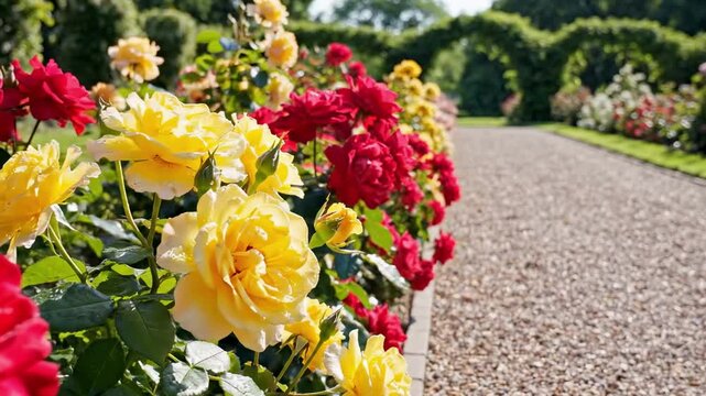 Garden border filled with yellow red roses beside a gravel path, showcasing vivid scarlet blossoms, soft golden flowers, unopened buds, and manicured greenery under bright summer daylight in bloom