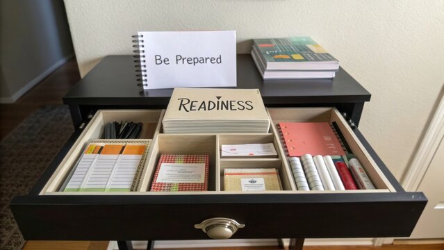 Organized drawer with preparation tools, notebooks, and readiness materials for efficient planning and productivity
