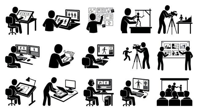 Animation Production Process, Stick Figure Icons, Vector Art