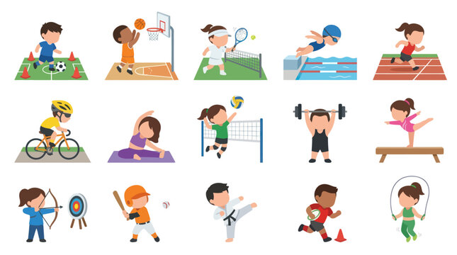 Diverse Kids Play Sports and Exercise, Flat Vector Art