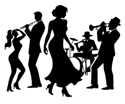 Jazz band performing with trumpet, flute and drums alongside elegant dancing women, vintage swing era live music performance bold black silhouette illustration isolated on background