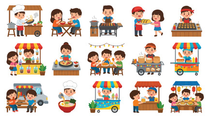 Naklejka premium Diverse cartoon characters enjoying food at various street stalls and food trucks