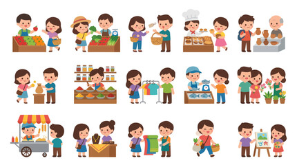 Fototapeta premium Flat Style Children Shopping at Diverse Market Stalls Vector Icons