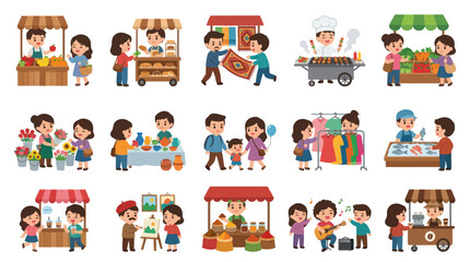 Naklejka premium Cartoon Market Scene, Diverse Vendors Selling Goods, Vibrant Shopping Experience