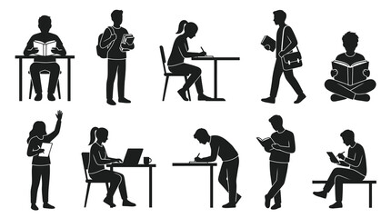 Fototapeta premium Black and White Silhouettes of Students Studying and Reading, Vector Art