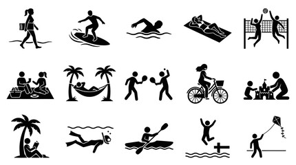 Obraz premium Black White Glyph Icons of Summer Beach Activities and People