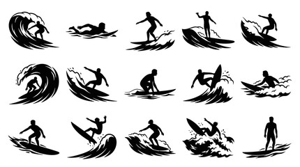 Obraz premium Black and White Silhouette Icons of Surfers Riding Waves