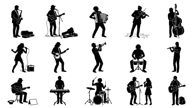 Black and white silhouette icons of musicians playing instruments and singing