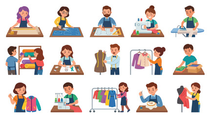 Fototapeta premium Flat Vector Illustrations of Fashion Design and Tailoring Processes with People