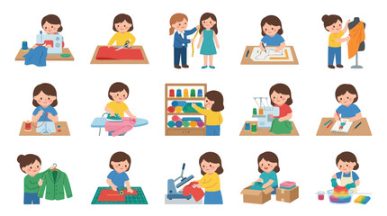 Fototapeta premium Textile Industry Sewing and Fashion Design Process Flat Vector Illustration Set