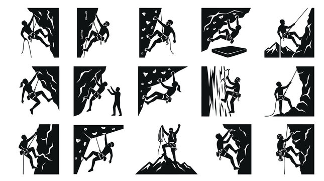 Rock Climbing Sport Glyphs Set. Adventure Climbers Black and White Silhouette Vector Icons