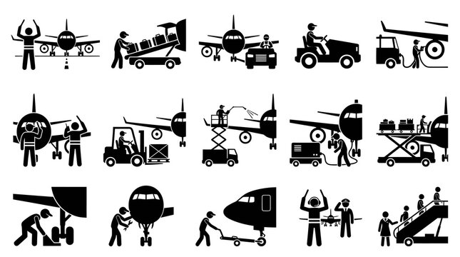Airport ground crew icons: loading luggage, maintenance, and refueling aircraft