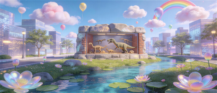 Dinosaur Exhibit: A whimsical scene unfolds where the past meets the present. A beautifully rendered park hosts an exhibition featuring dinosaurs. Pastel colored balloons, a rainbow.