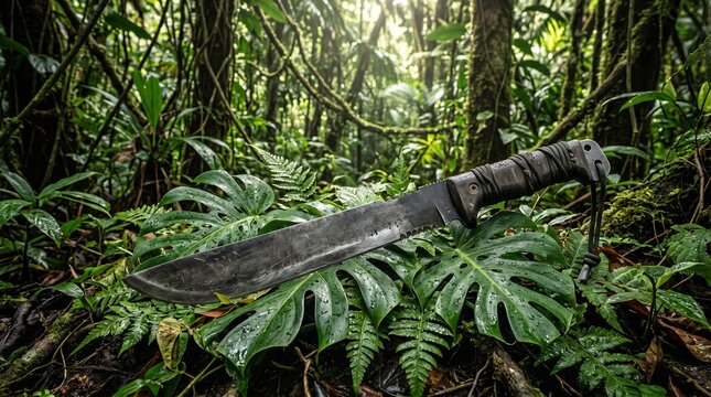 Rugged carbon steel survival machete resting on tropical monstera leaves in dense rainforest jungle