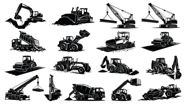 Construction Heavy Equipment Vehicles Silhouette Icons Black White Vector Set