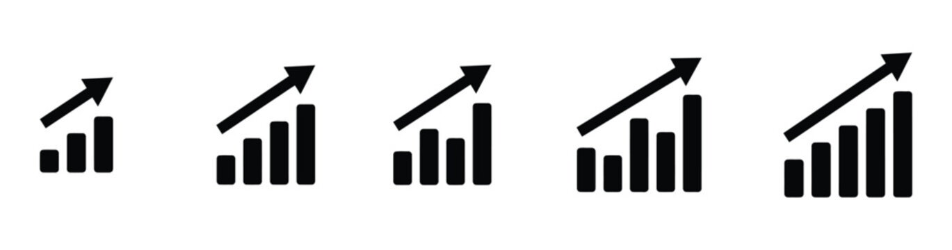 Five black bar graphs with rising arrows on white background chart
