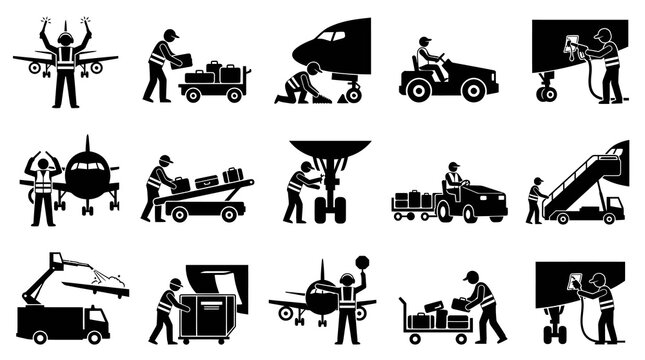 Airport Ground Crew and Aircraft Services Glyph Icons Set