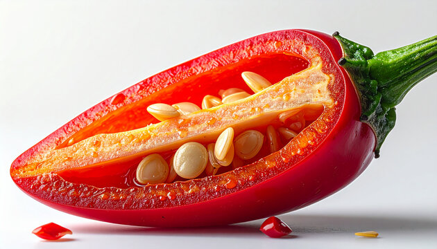 Fresh red chili pepper sliced open revealing seeds on white background