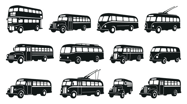 Automotive Public Transit: Retro Black  White Vintage Buses Silhouette Collection