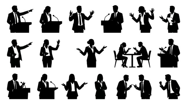 Business Meeting Silhouettes: Diverse People in Discussion and Presentation Poses