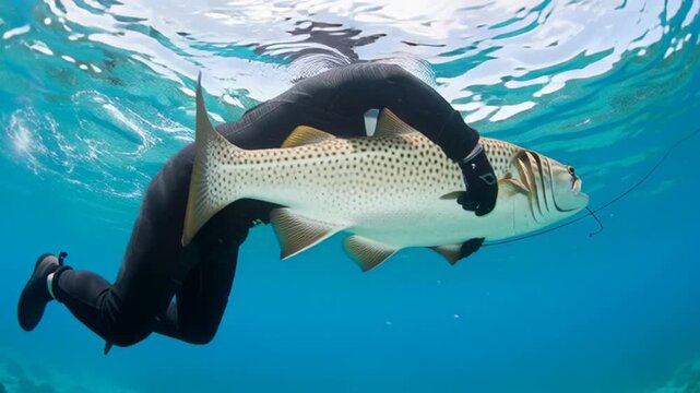 Freediver holding a large caught fish underwater, spearfishing, ocean adventure