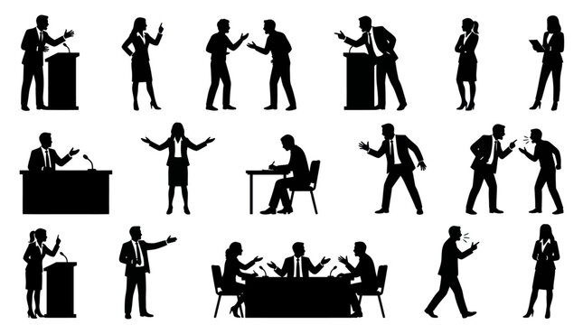 Business Meeting Silhouettes: Discussion, Presentation, Negotiation, Debate