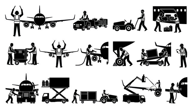 Airport ground crew and vehicles loading luggage onto airplane, black and white glyphs
