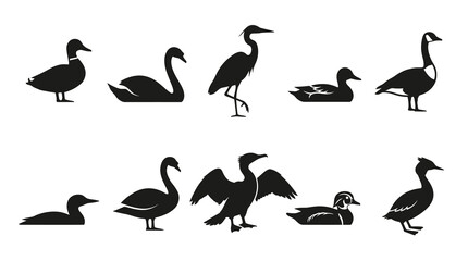 Fototapeta premium Black White Silhouette Icons of Various Birds on White Background