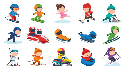 Fototapeta premium Cartoon Kids Winter Sports Characters Flat Design Vector Pack
