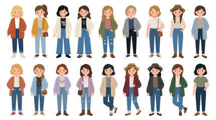 Fototapeta premium Collection of Diverse Female Characters in Casual Fashion - Flat Style Vector Art