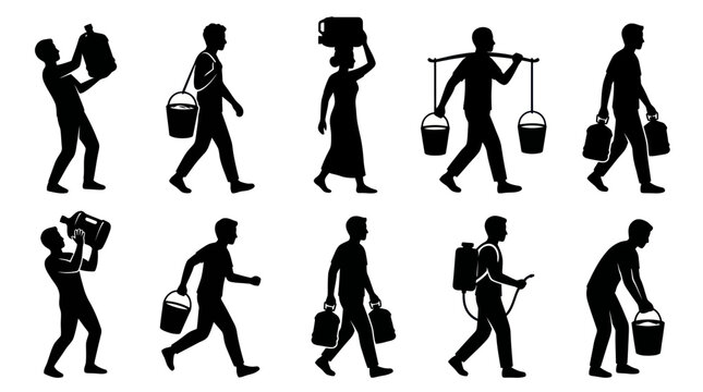 Silhouette people carrying water containers, water supply vector art