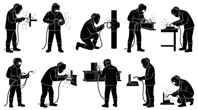 Industrial Welders Silhouette Glyph Icons Set - Construction  Manufacturing Workers