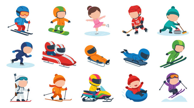 Cartoon Kids Winter Sports Characters Flat Design Vector Pack