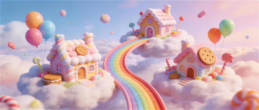 Candy Houses on Cloud Nine: A whimsical scene unfolds as vibrant candy houses, nestled on fluffy clouds, beckon along a rainbow path. Balloons dance in the sky, creating a joyful, dreamlike escape.
