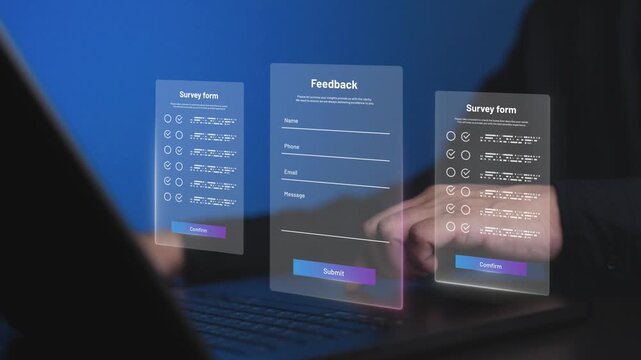 A person using a laptop to fill out online feedback and survey forms. Concept of customer service, digital marketing research, business data collection, and user experience on the internet.