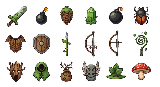 A set of detailed fantasy RPG icons showcasing nature-inspired equipment like mossy swords, wooden armor, forest masks, and magic staves.