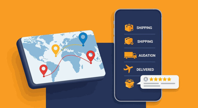 Efficient e-commerce logistics concept featuring real-time global delivery tracking via a mobile app, ensuring customer satisfaction and smooth package delivery, UI UX design 