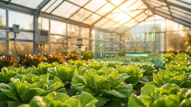 Smart greenhouse with holographic display showing crop data
