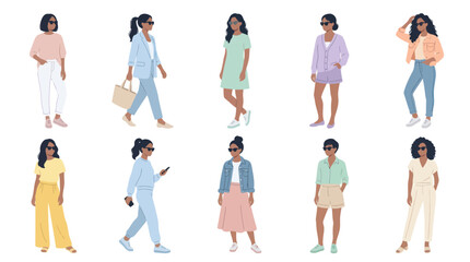 Obraz premium Flat Style Illustration: Diverse Women Fashionable Summer Outfits