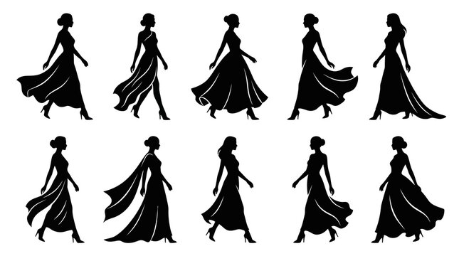 Fashion Silhouette Icons Women Walking in Evening Gowns Black  White