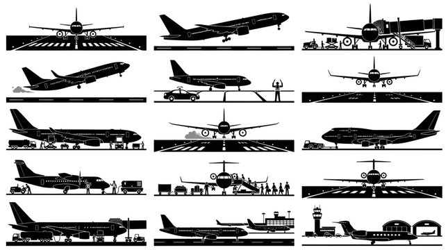 Black  White Airplane Icons  Airport Scenes - Aviation  Travel