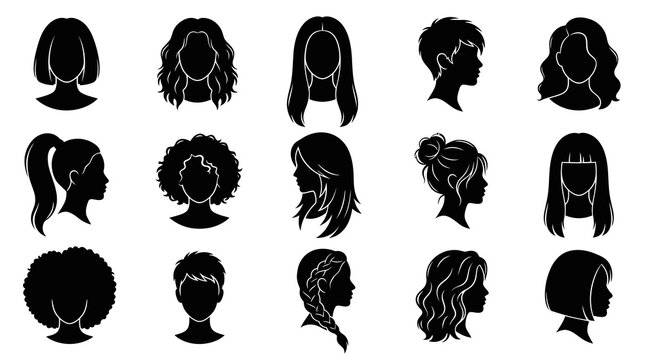 Beauty  Fashion Diverse Women's Hairstyles Black Silhouettes Glyph Icons Set