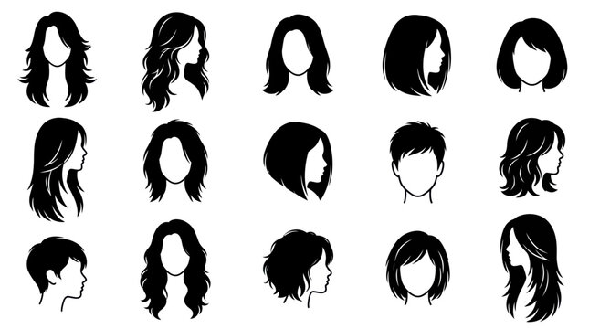 Black and White Line Art Silhouettes of Various Hairstyles for Women and Men